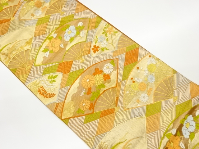 扇に花々・菱模様織出し袋帯